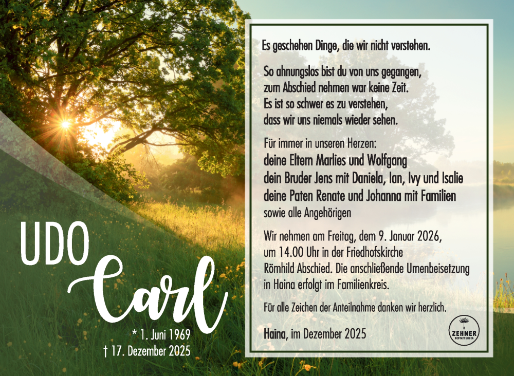  Traueranzeige für Udo Carl vom 03.01.2026 aus Südthüringer Presse
