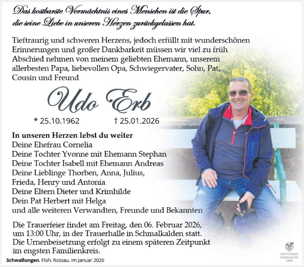  Traueranzeige für Udo Erb vom 31.01.2026 aus Südthüringer Presse