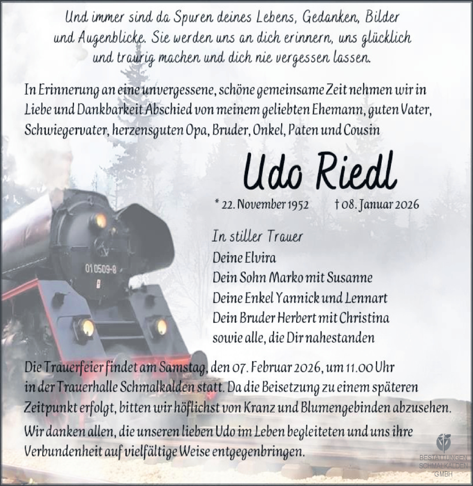  Traueranzeige für Udo Riedl vom 31.01.2026 aus Südthüringer Presse