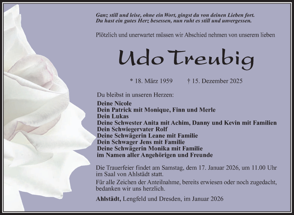  Traueranzeige für Udo Treubig vom 02.01.2026 aus Südthüringer Presse
