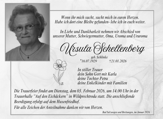 Traueranzeige von Ursula Schellenberg von Südthüringer Presse