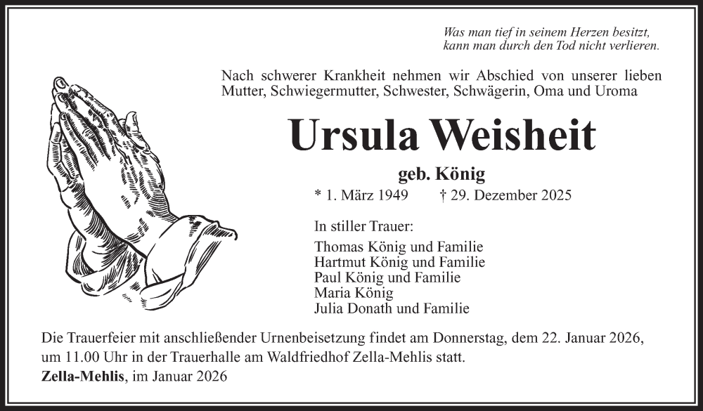 Traueranzeige für Ursula Weisheit vom 16.01.2026 aus Südthüringer Presse