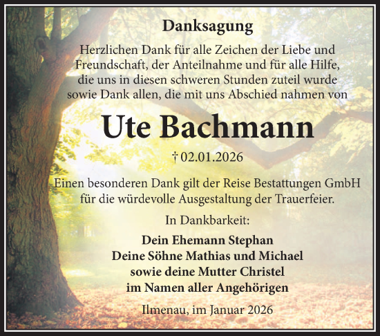 Traueranzeige von Ute Bachmann von Südthüringer Presse