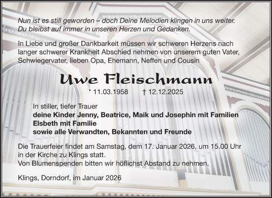 Traueranzeige von Uwe Fleischmann von Südthüringer Presse