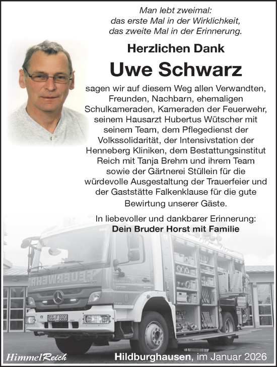 Traueranzeige von Uwe Schwarz von Südthüringer Presse