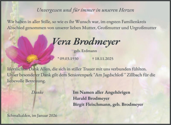 Traueranzeige von Vera Brodmeyer von Südthüringer Presse