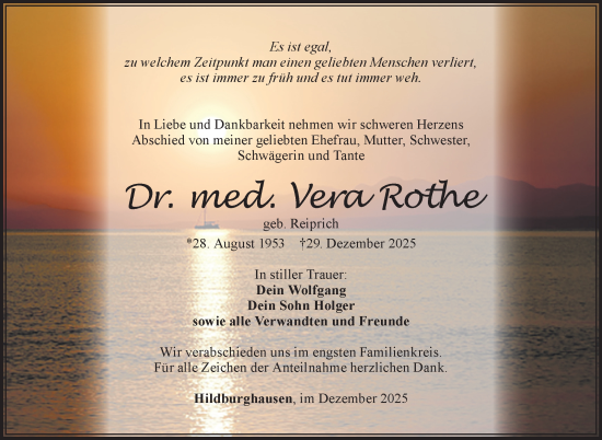 Traueranzeige von Vera Rothe von Südthüringer Presse