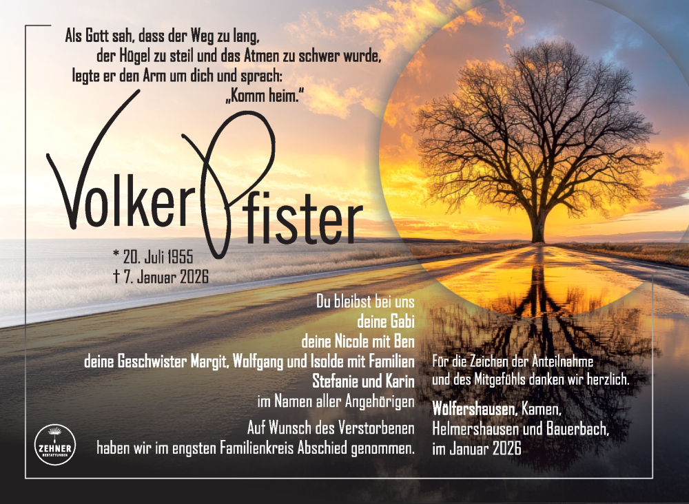  Traueranzeige für Volker Pfister vom 24.01.2026 aus Südthüringer Presse
