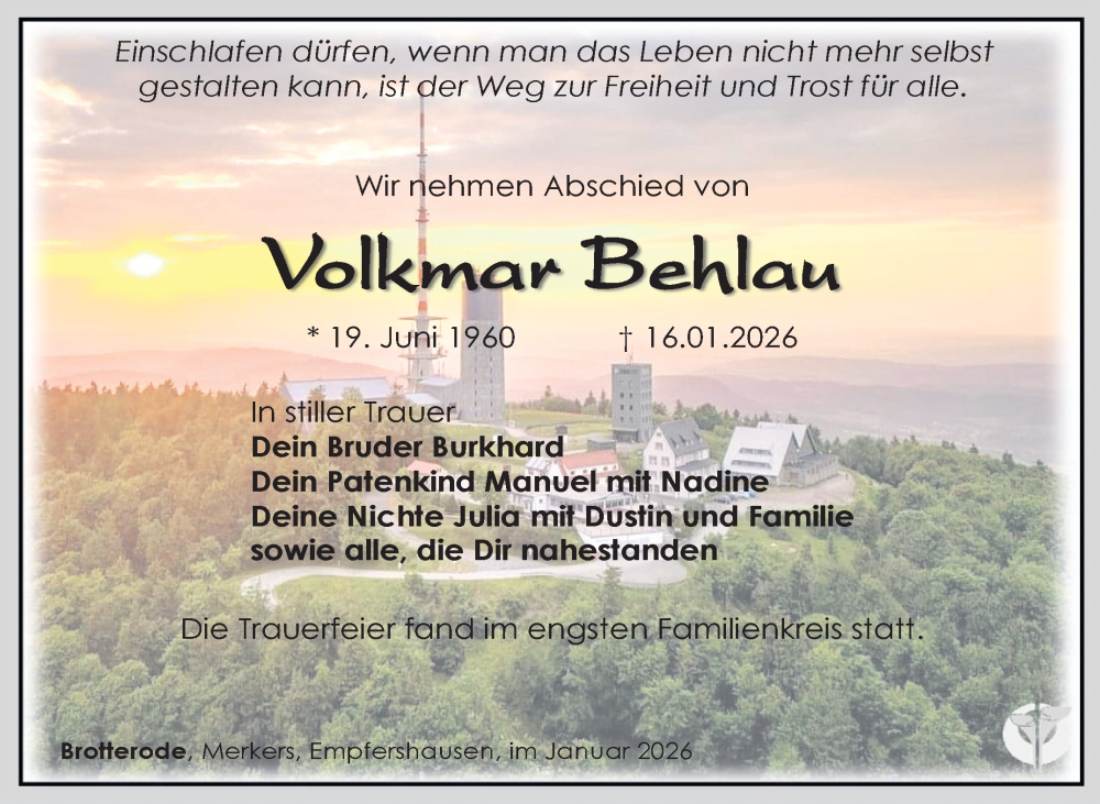 Traueranzeige für Volkmar Behlau vom 31.01.2026 aus Südthüringer Presse