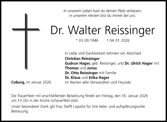 Traueranzeige von Walter Reissinger von Neue Presse Coburg