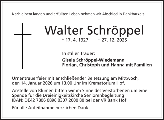 Traueranzeige von Walter Schröppel von Frankenpost