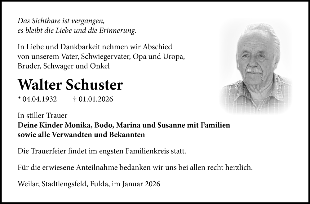  Traueranzeige für Walter Schuster vom 31.01.2026 aus Südthüringer Presse