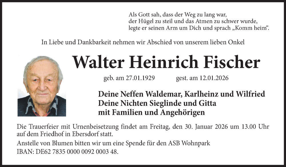  Traueranzeige für Walter Heinrich Fischer vom 21.01.2026 aus Neue Presse Coburg
