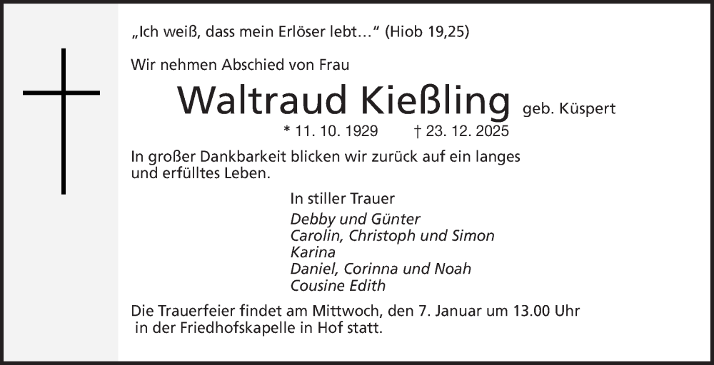  Traueranzeige für Waltraud Kießling vom 03.01.2026 aus Frankenpost