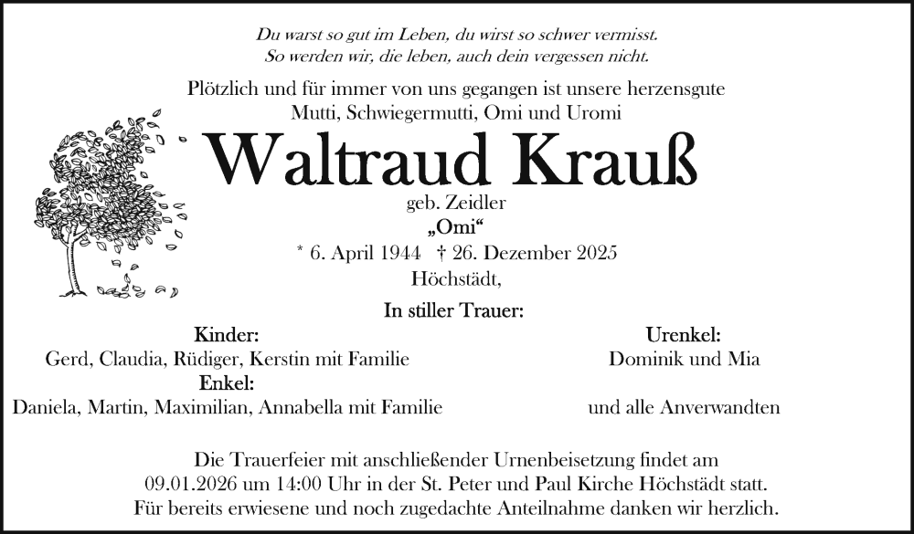  Traueranzeige für Waltraud Krauß vom 03.01.2026 aus Frankenpost