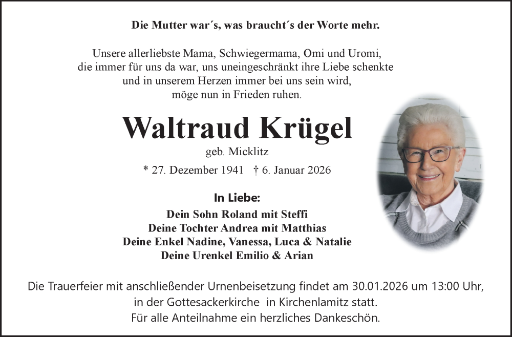  Traueranzeige für Waltraud Krügel vom 24.01.2026 aus Frankenpost