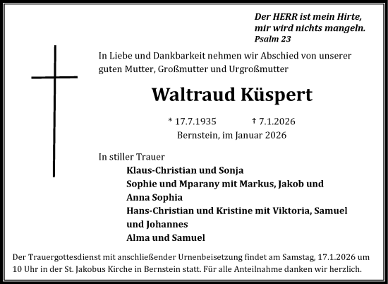 Traueranzeige von Waltraud Küspert von Frankenpost