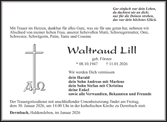 Traueranzeige von Waltraud Lill von Südthüringer Presse