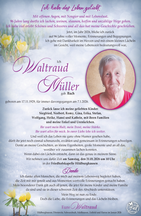 Traueranzeige von Waltraud Müller von Südthüringer Presse