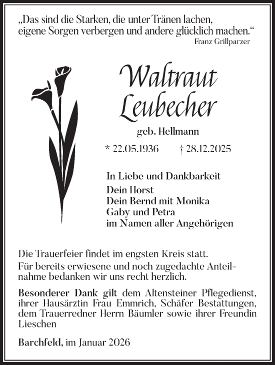 Traueranzeige von Waltraut Leubecher von Südthüringer Presse