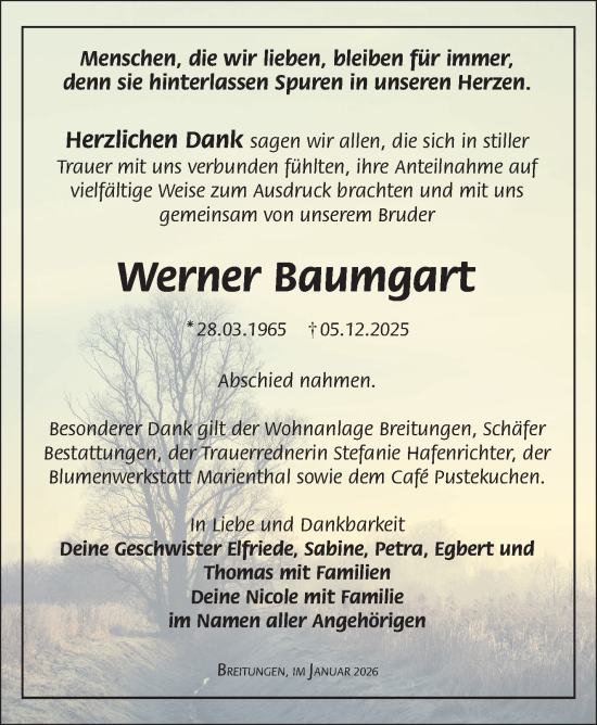 Traueranzeige von Werner Baumgart von Südthüringer Presse