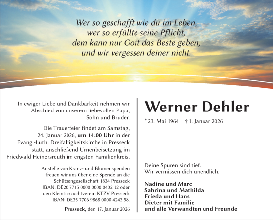 Traueranzeige von Werner Dehler von Frankenpost