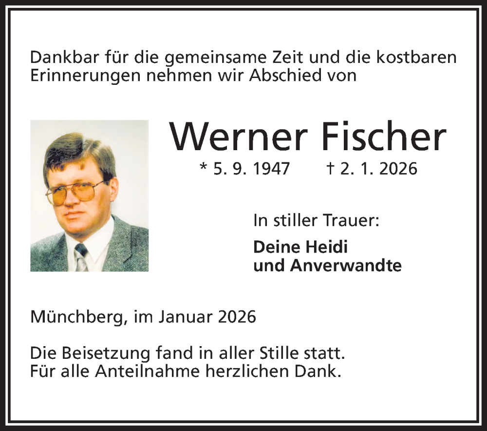  Traueranzeige für Werner Fischer vom 24.01.2026 aus Frankenpost