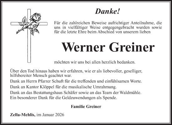 Traueranzeige von Werner Greiner von Südthüringer Presse