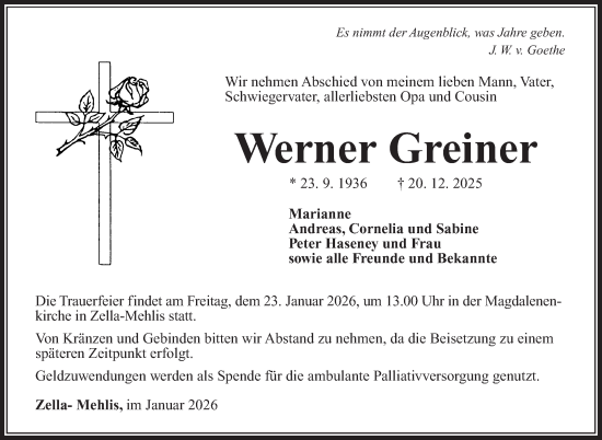 Traueranzeige von Werner Greiner von Südthüringer Presse