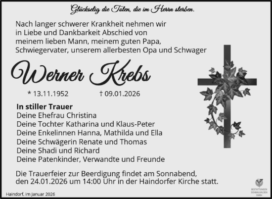 Traueranzeige von Werner Krebs von Südthüringer Presse