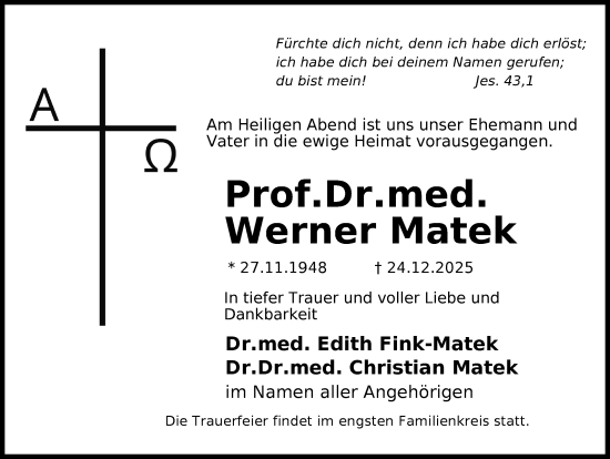 Traueranzeige von Werner Matek von Neue Presse Coburg