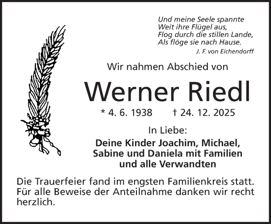 Traueranzeige von Werner Riedl von Frankenpost