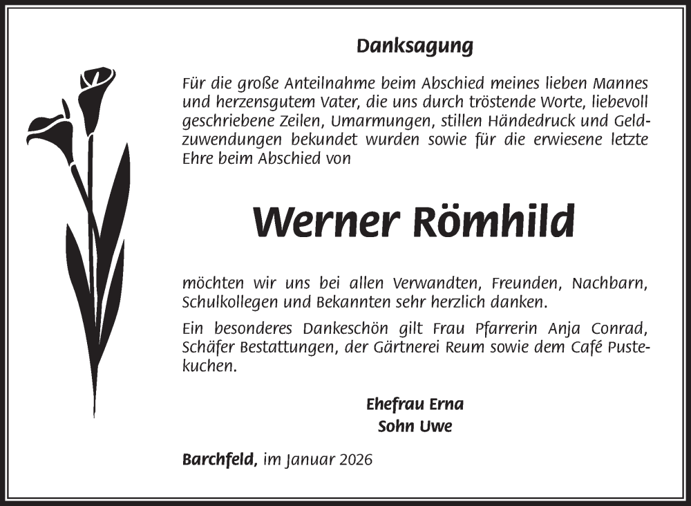  Traueranzeige für Werner Römhild vom 24.01.2026 aus Südthüringer Presse