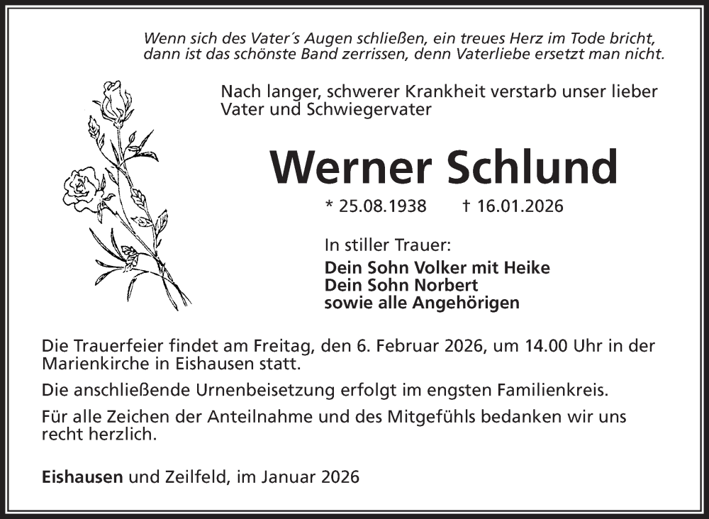  Traueranzeige für Werner Schlund vom 24.01.2026 aus Südthüringer Presse