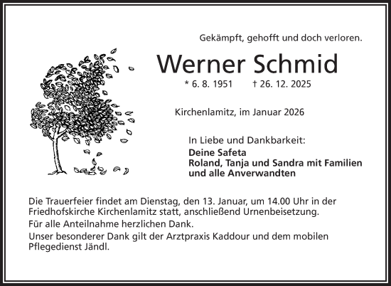 Traueranzeige von Werner Schmid von Frankenpost