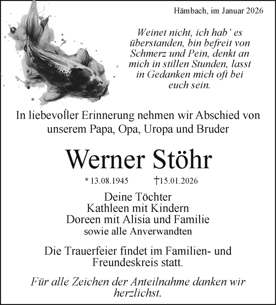  Traueranzeige für Werner Stöhr vom 24.01.2026 aus Südthüringer Presse