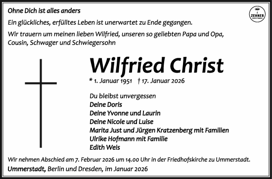 Traueranzeige von Wilfried Christ von Südthüringer Presse