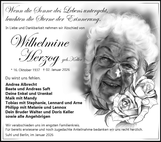 Traueranzeige von Wilhelmine Herzog von Südthüringer Presse