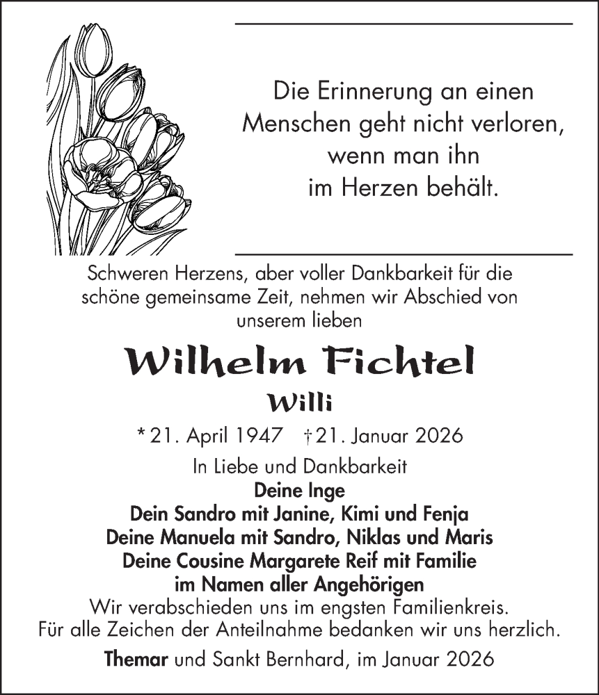  Traueranzeige für Willi Fichtel vom 31.01.2026 aus Südthüringer Presse