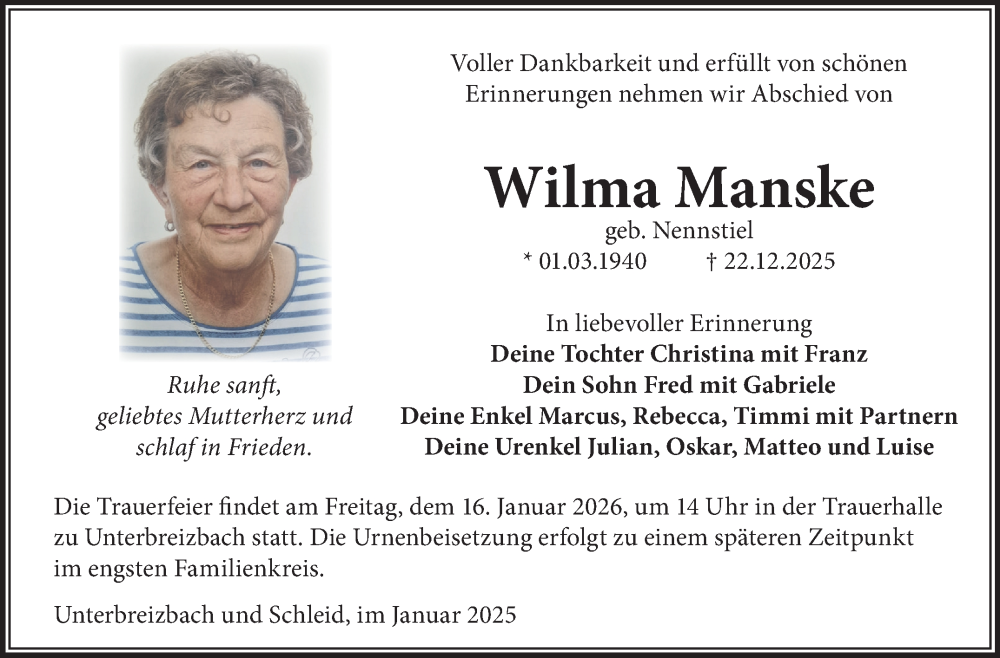  Traueranzeige für Wilma Manske vom 13.01.2026 aus Südthüringer Presse