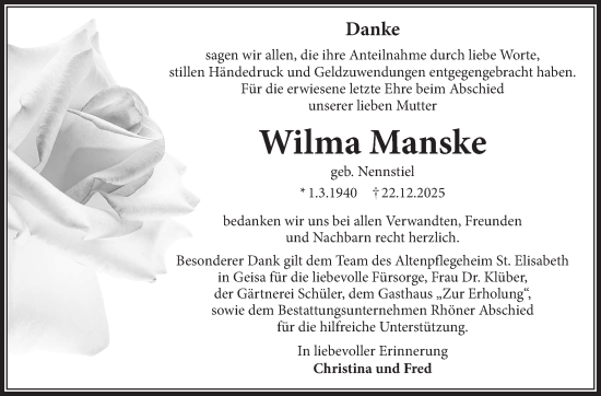 Traueranzeige von Wilma Manske von Südthüringer Presse