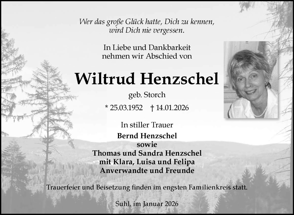  Traueranzeige für Wiltrud Henzschel vom 31.01.2026 aus Südthüringer Presse