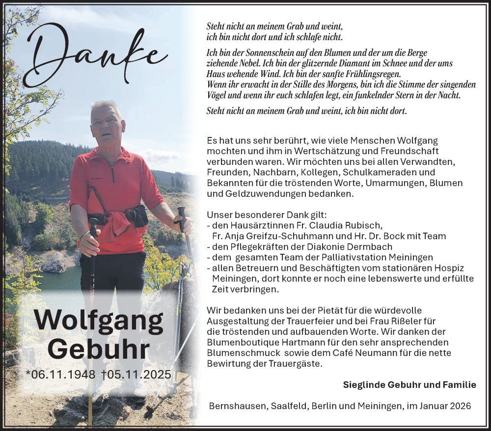  Traueranzeige für Wolfgang Gebuhr vom 17.01.2026 aus Südthüringer Presse