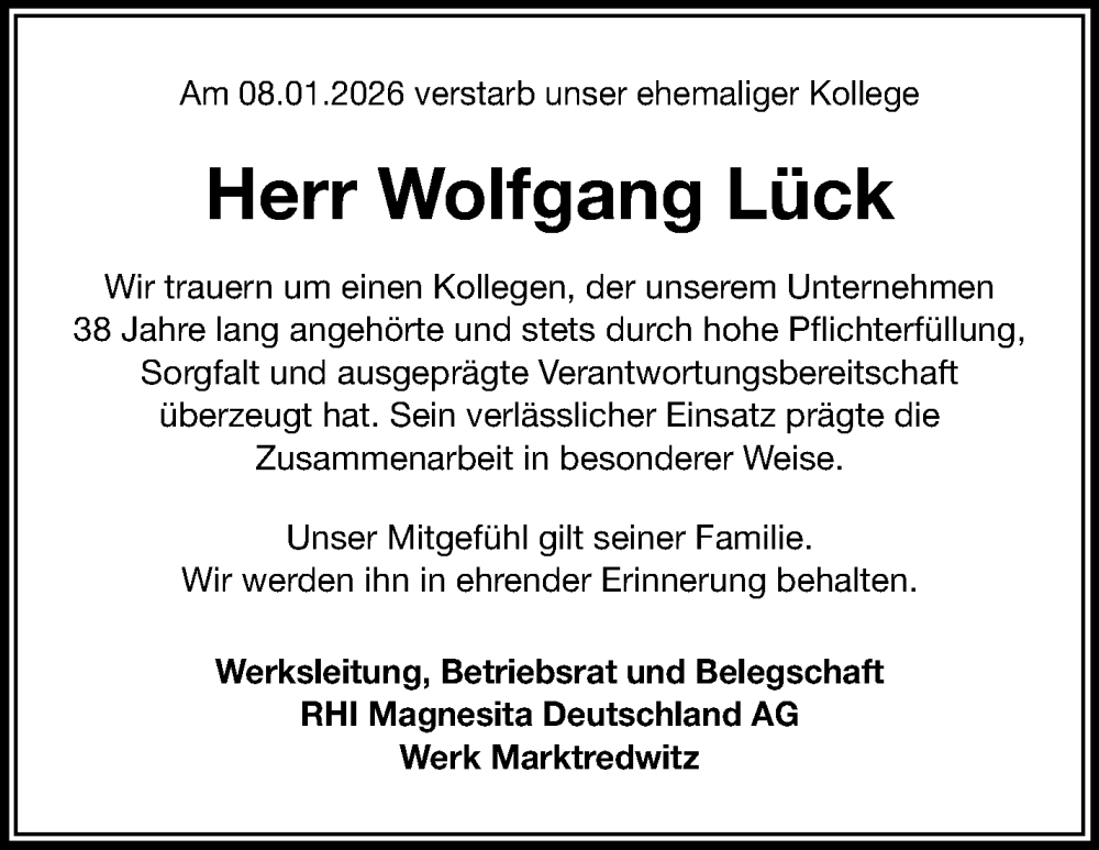  Traueranzeige für Wolfgang Lück vom 23.01.2026 aus Frankenpost
