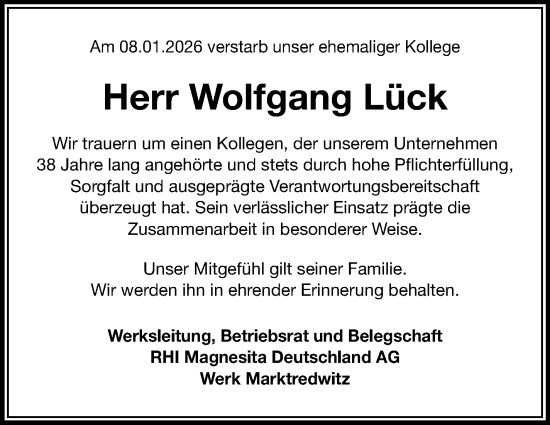 Traueranzeige von Wolfgang Lück von Frankenpost