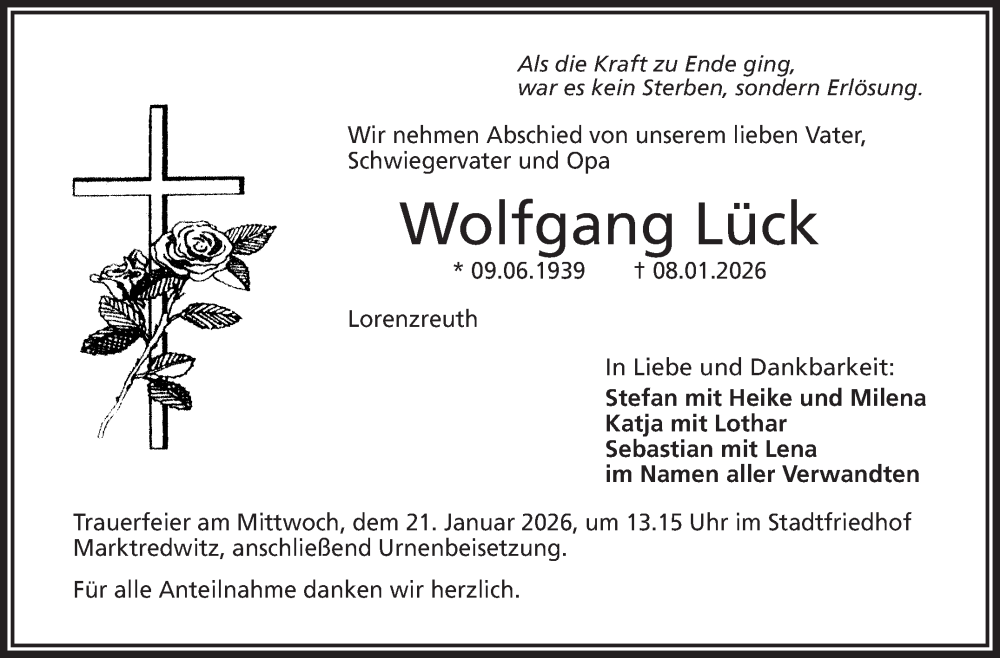  Traueranzeige für Wolfgang Lück vom 17.01.2026 aus Frankenpost