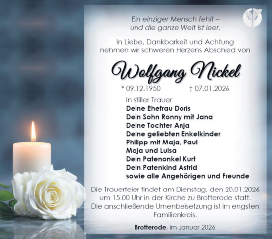 Traueranzeige von Wolfgang Nickel von Südthüringer Presse