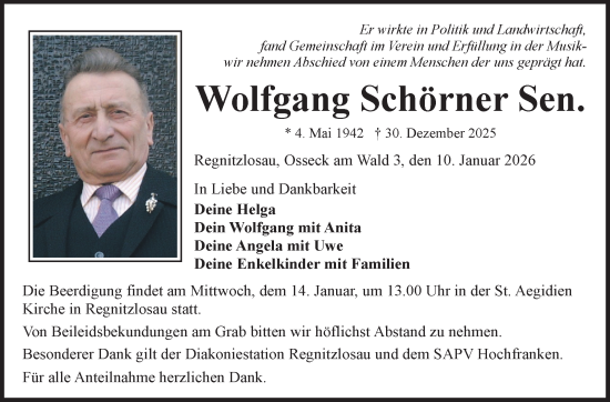 Traueranzeige von Wolfgang Schörner von Frankenpost