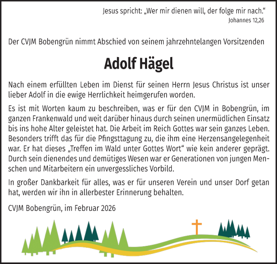 Traueranzeige von Adolf Hägel von Frankenpost