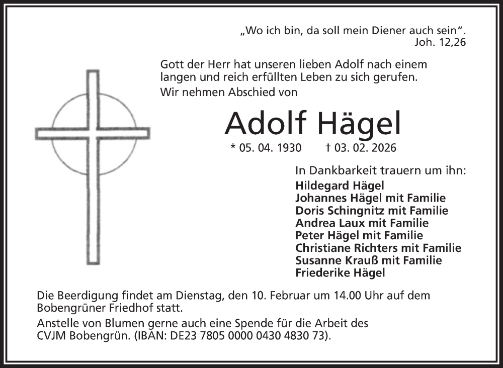  Traueranzeige für Adolf Hägel vom 07.02.2026 aus Frankenpost